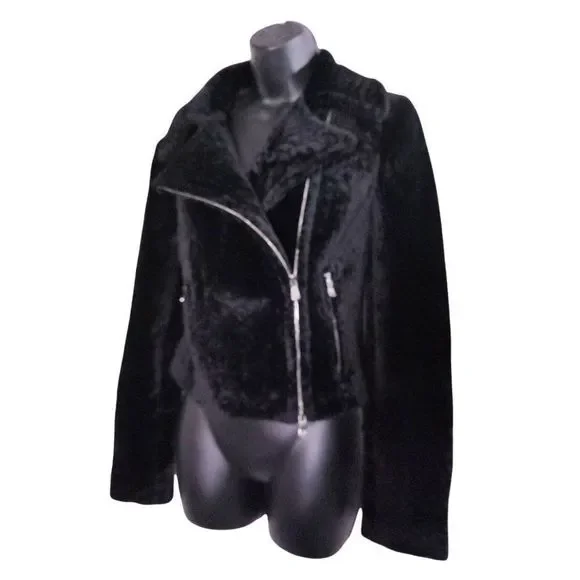 L'AGENCE Fur Moto Biker Crop Jacket Black New